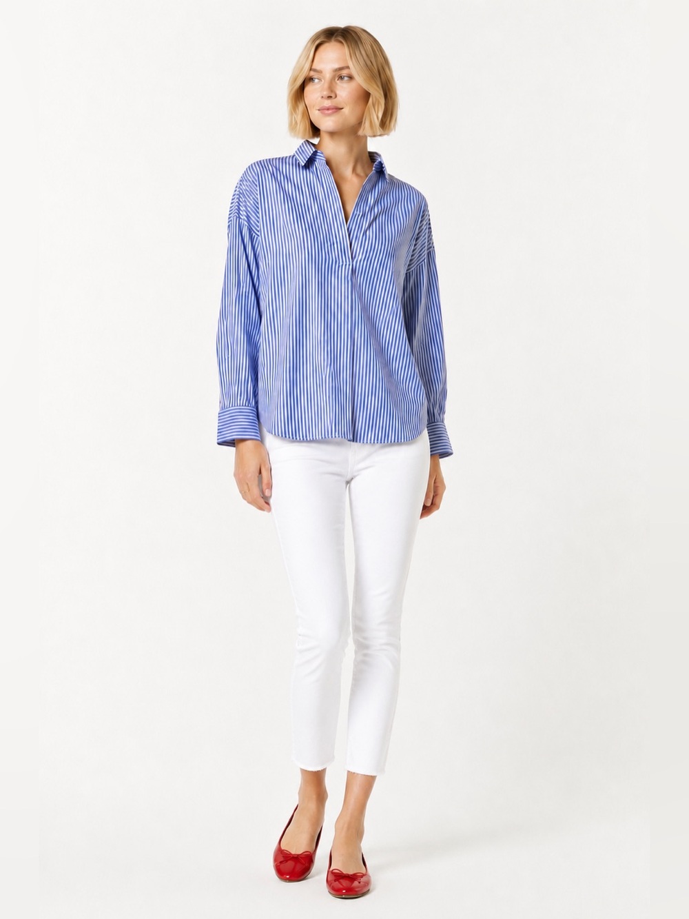 J. Crew blue and white striped women’s pullover cotton blouse.